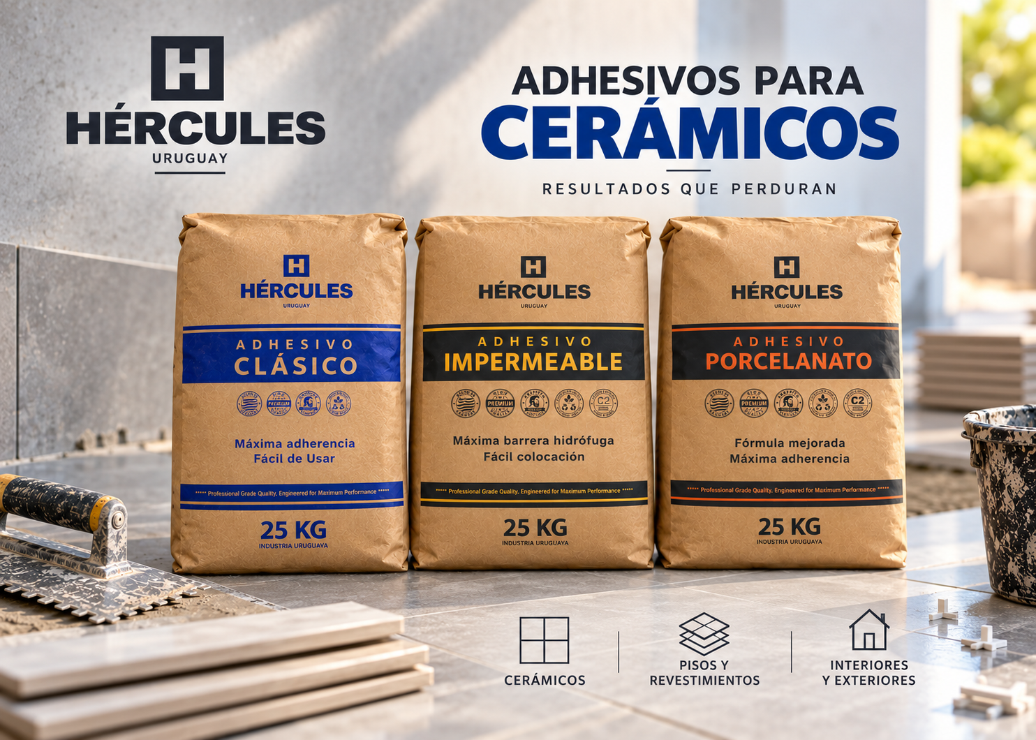Línea de adhesivos para cerámicos Hércules Clásico, Impermeable y Porcelanato
